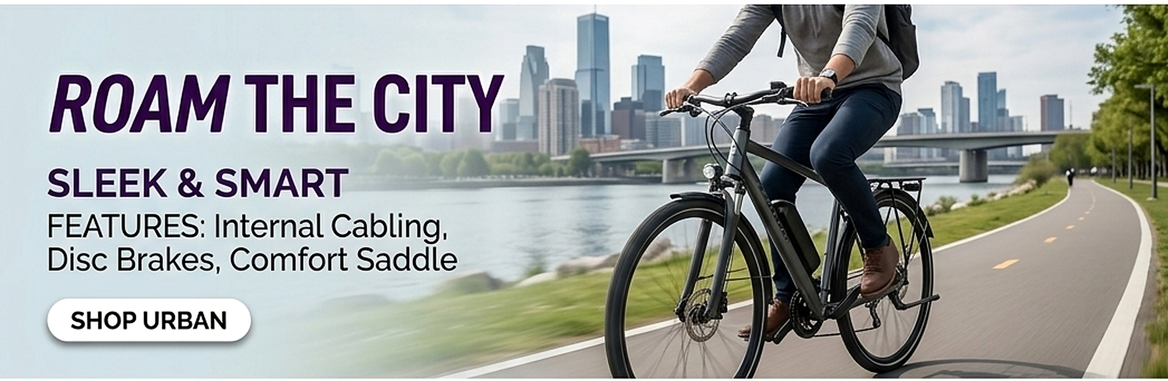 ROAM city bicycle on an urban riverside path