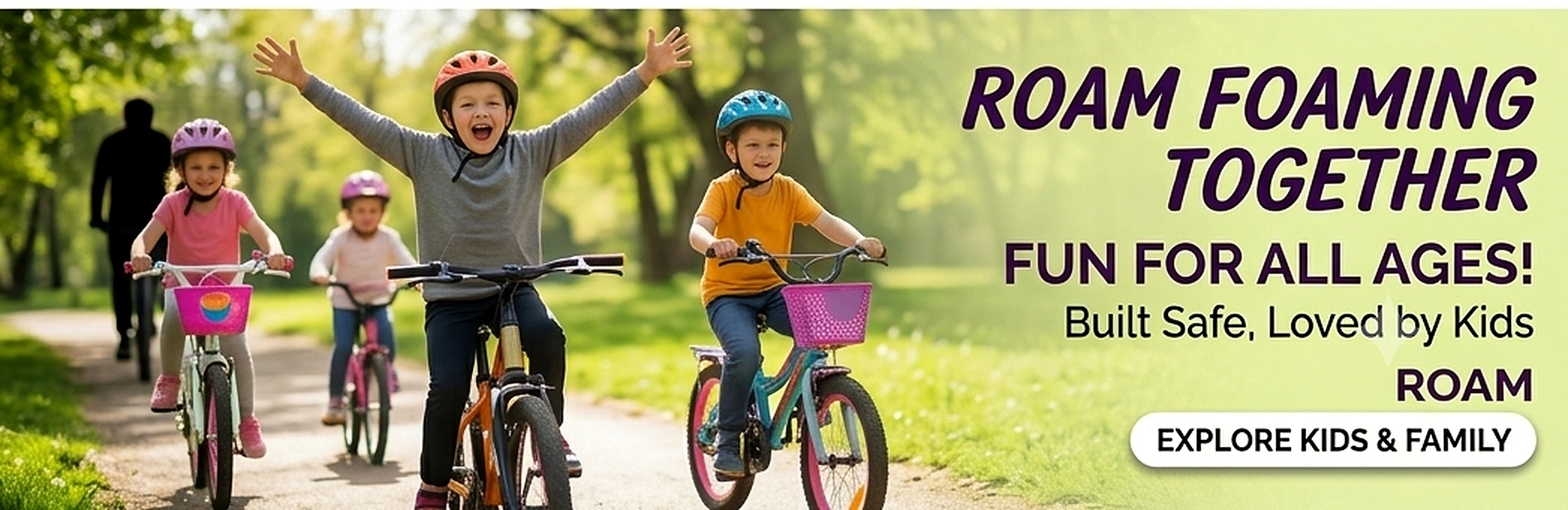 Children riding ROAM and KYLON bikes in a park