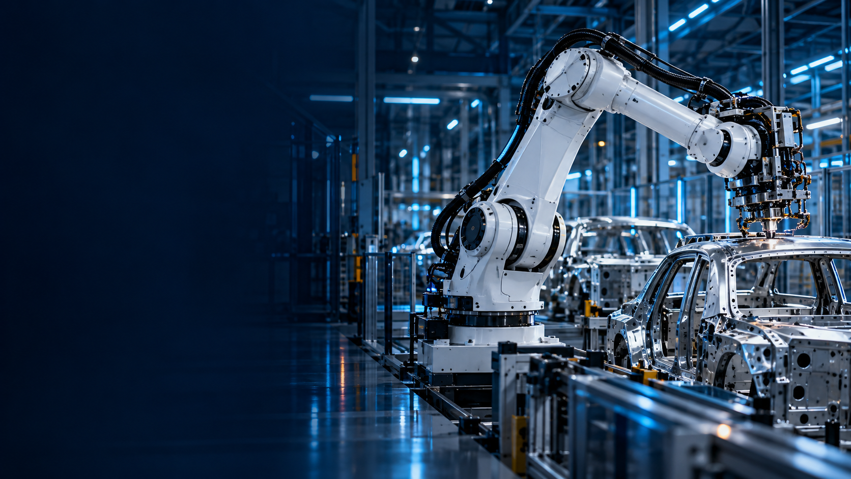 Industrial robotic arm in an automotive assembly facility